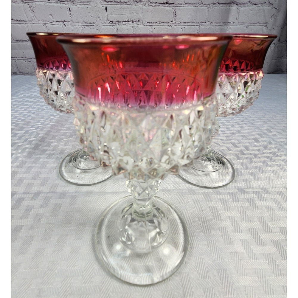 3-Indiana Glass Diamond Point Ruby Cranberry Flashed Tall Goblet Glasses Vintage
